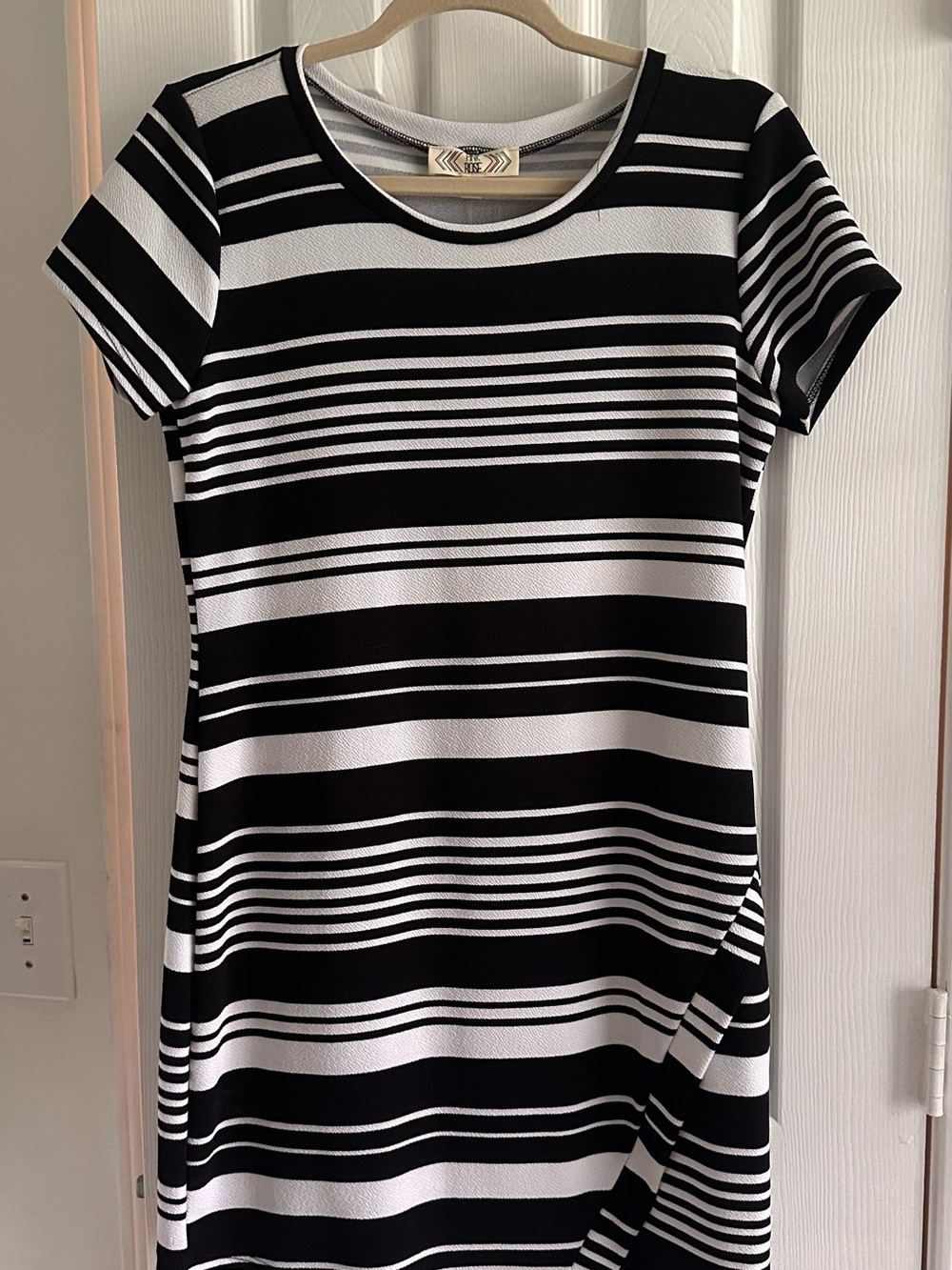 Pink Rose Black & White Striped Short-Sleeve Midi Dress